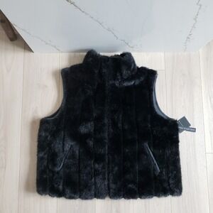 Gallery Vest Womens 2X Plus Black Faux Fur Reversible Giacca Zip Up Mock Neck